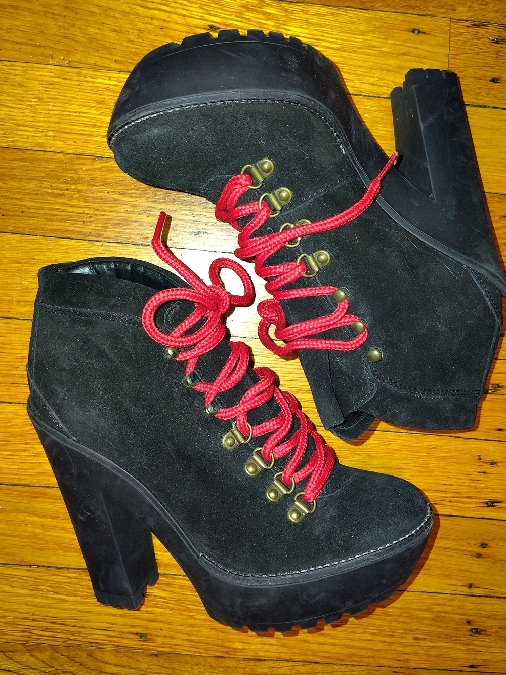 Polo by Ralph Lauren Black Suede Platform Heeled Ankle Boots with Red Laces